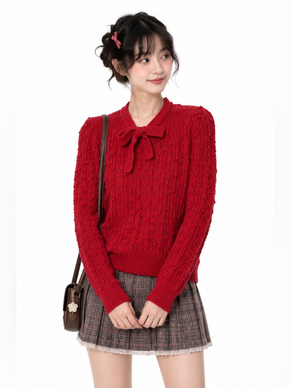 Feminine Neck Bow Tie Burgundy Hand Knit Sweater Coquette Romantic Countrycore